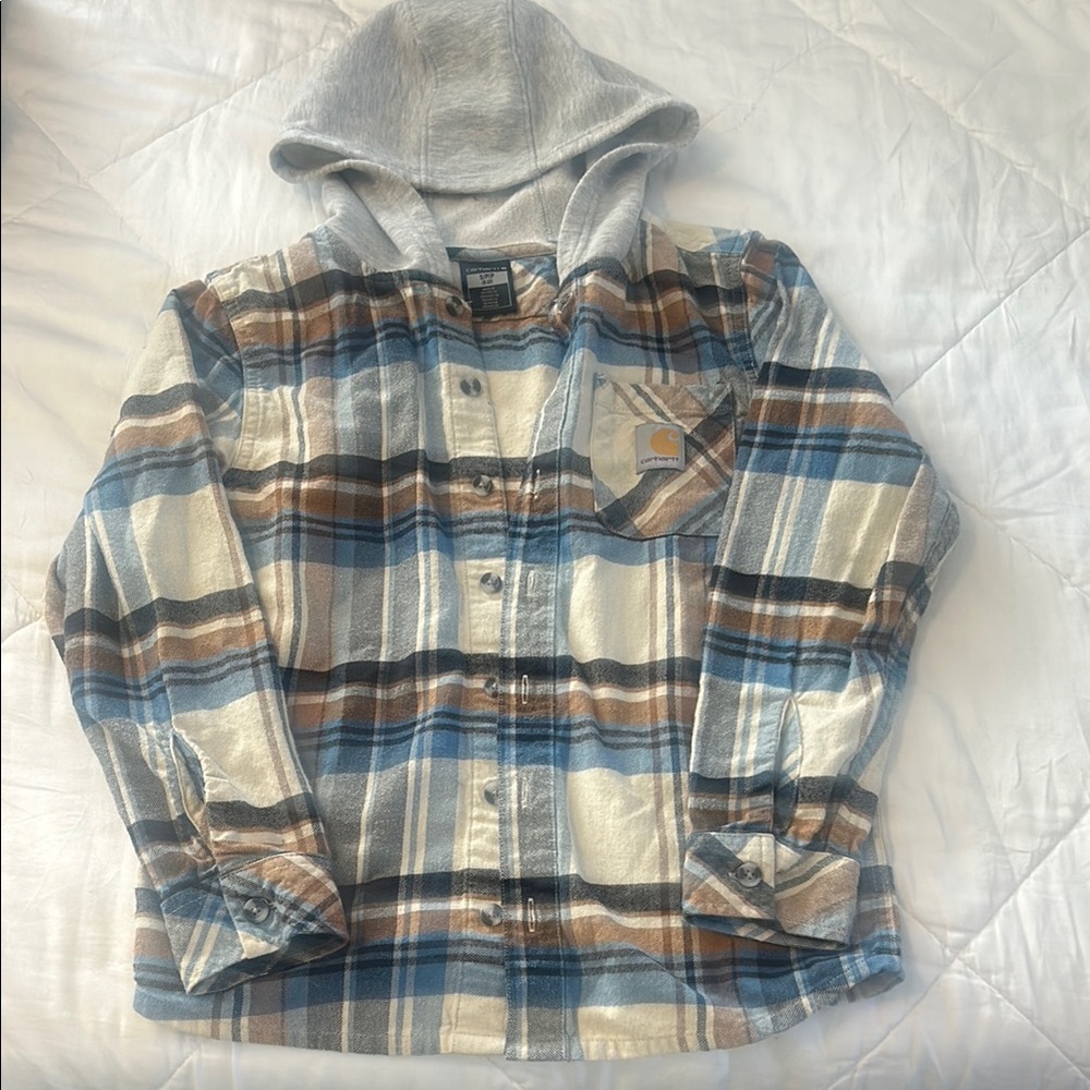 Carhartt Brown and Blue Button Down Shirt with Hood